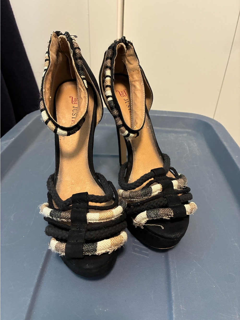JustFab Black and Beige Braided Ankle Strap Heels. Due 7.5 high heels